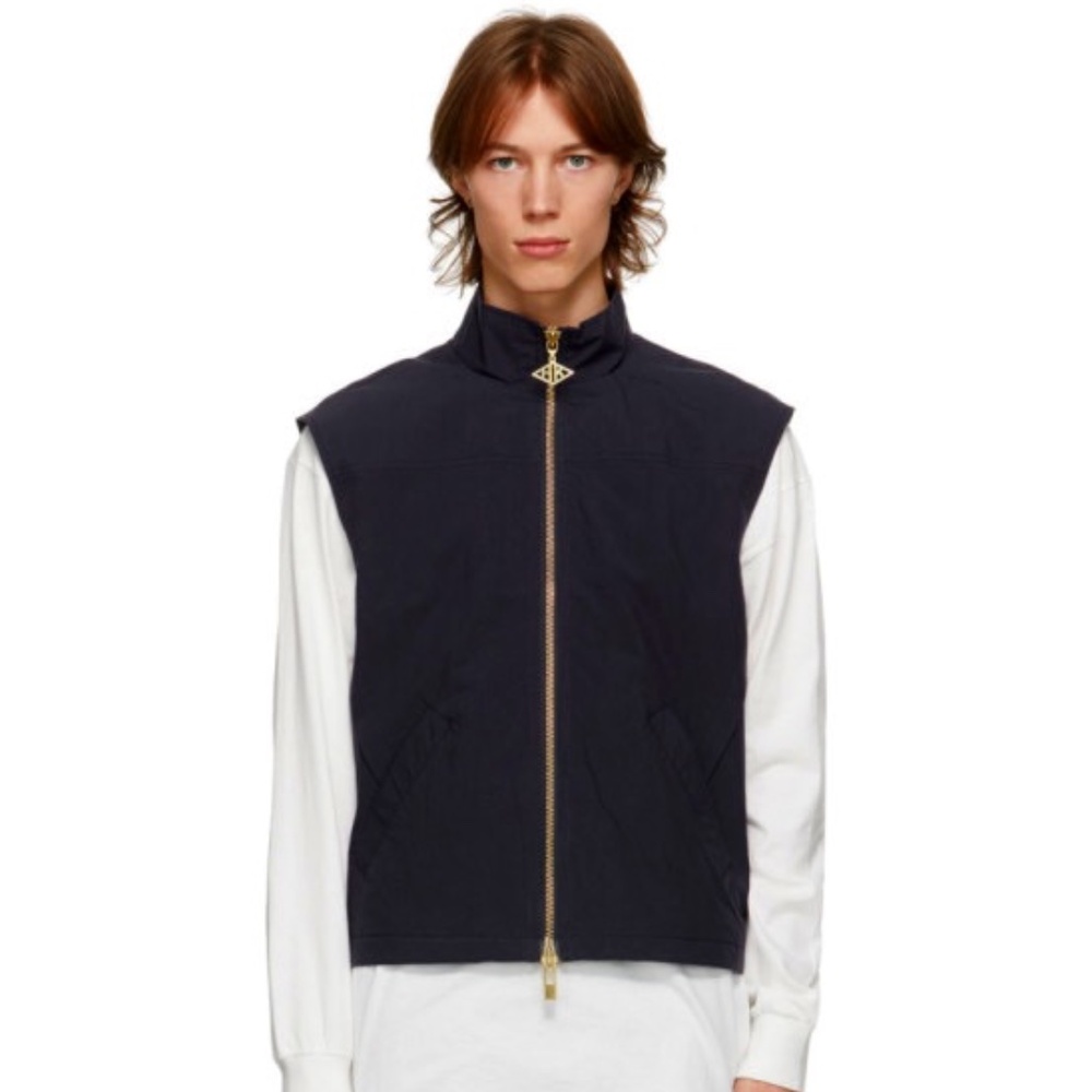 Han Kjobenhavn Navy Track Vest with Gold Tone Zipper and Logo Detail